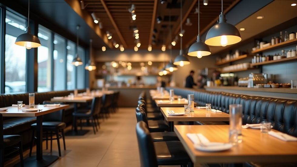 Eye-level view of a modern restaurant interior with open kitchen