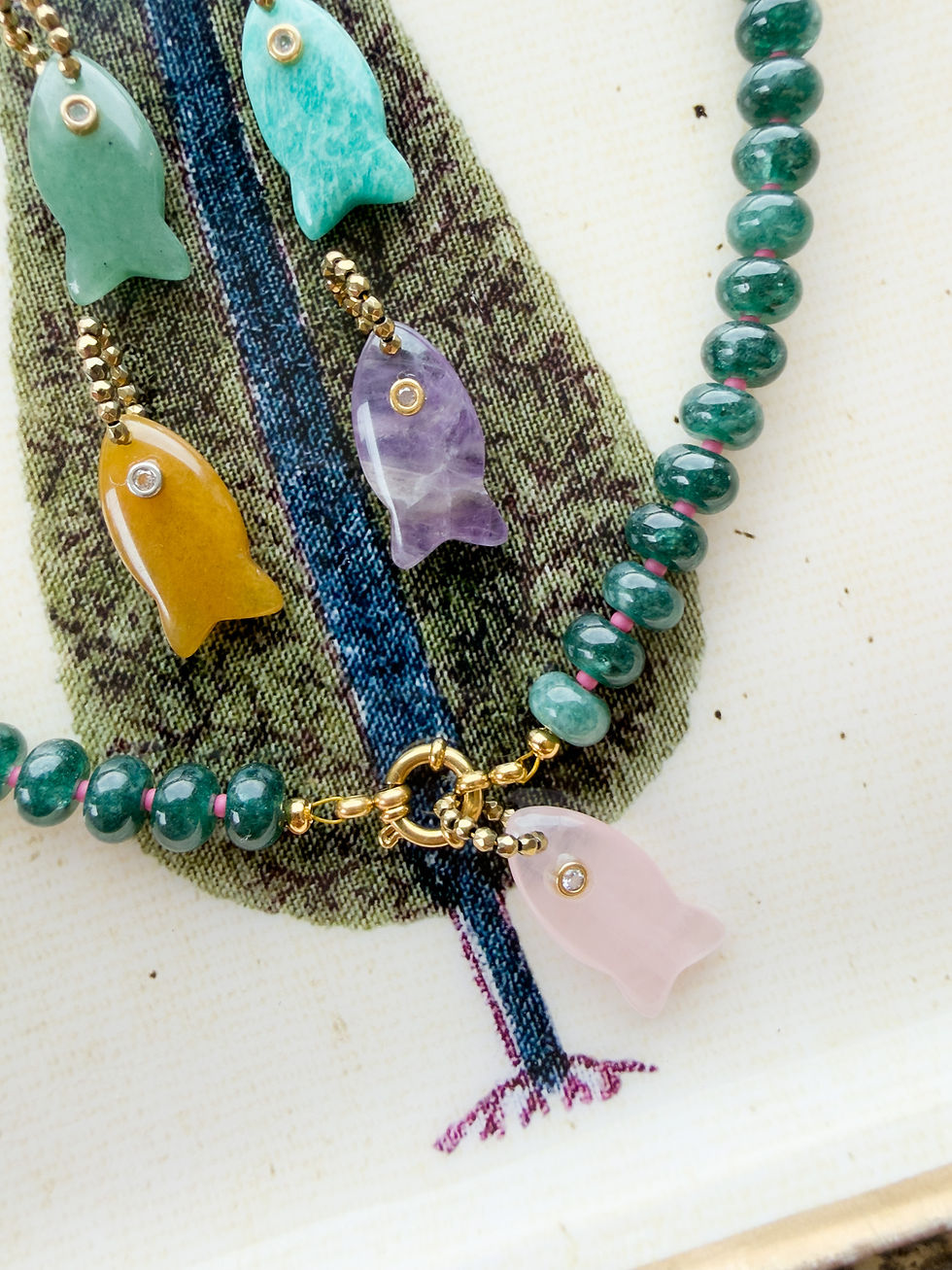 Miniature : COLLIER TUTTI FRUTTI  perles ovales pendentif poisson