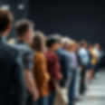 photorealistic image of people standing in a single file line with anticipation. The peopl