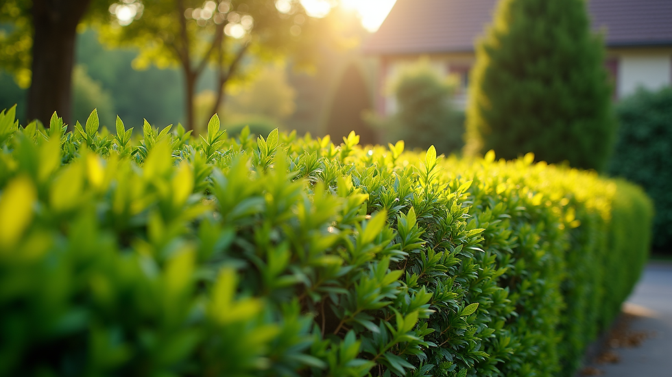 Eye-level view of a vibrant green UV-proof boxwood hedge in a sunny garden