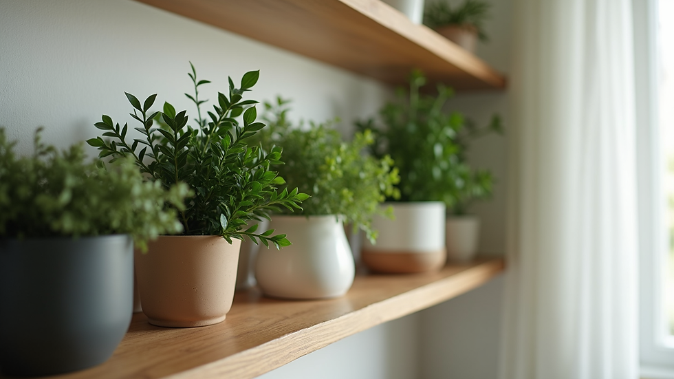 Close-up view of a stylish artificial plant arrangement on a wooden shelf