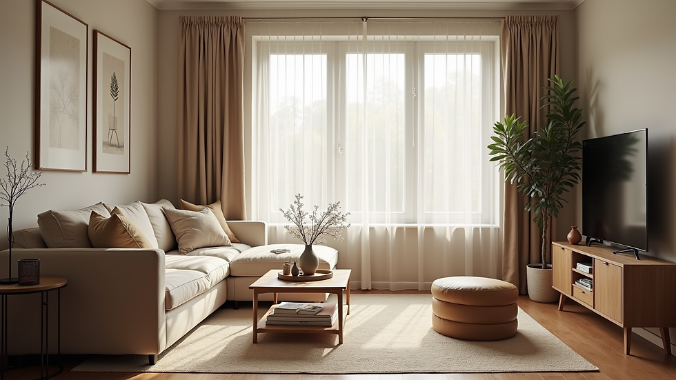 Eye-level view of a cozy living room with modern decor and natural light