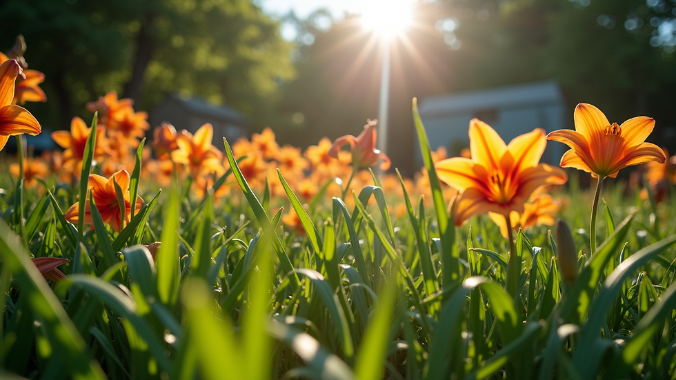 Eye-level view of a garden bed with hostas and daylilies in partial shade