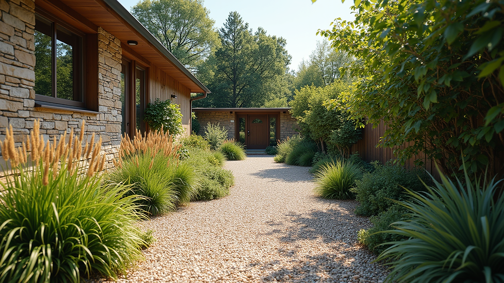 Wide angle view of a front yard with gravel pathway and native plants
