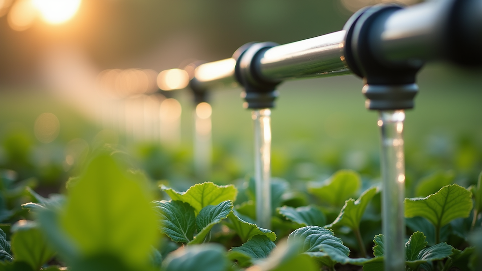 Close-up view of a drip irrigation system watering garden plants