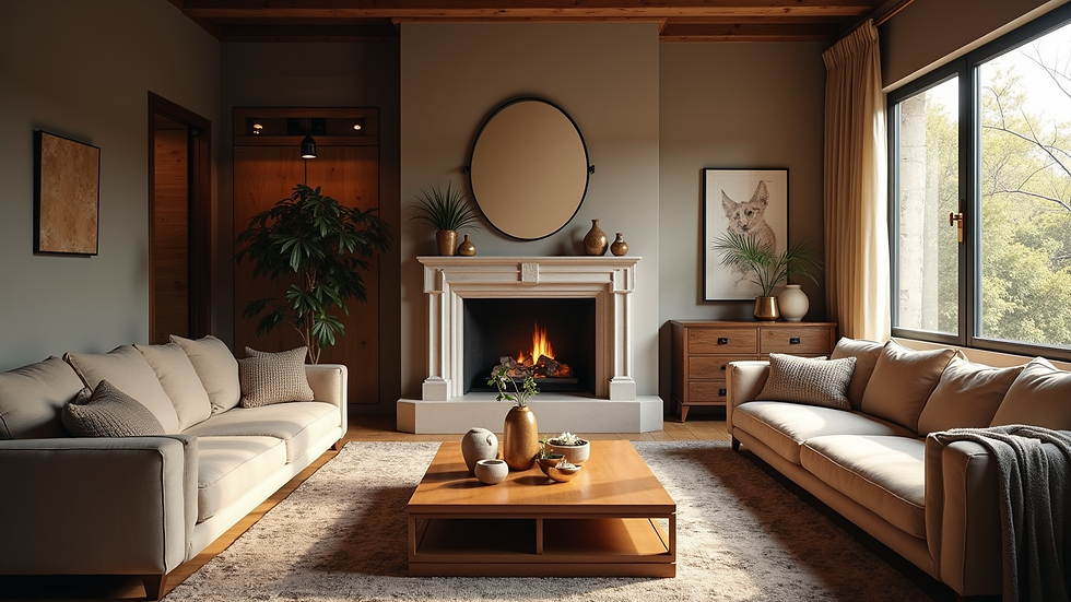 Eye-level view of a cozy living room with layered lighting and mixed textures