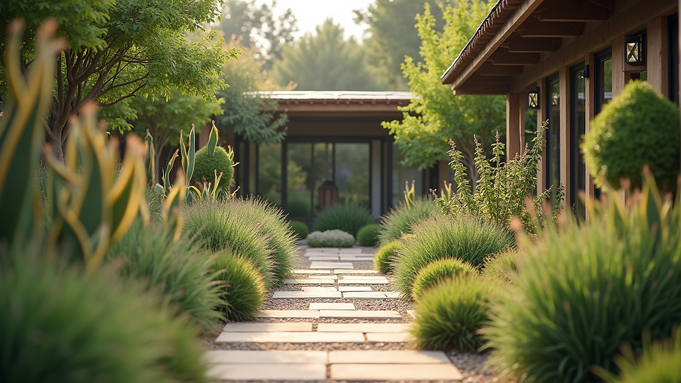 Eye-level view of a lush, low-maintenance garden with drought-resistant plants
