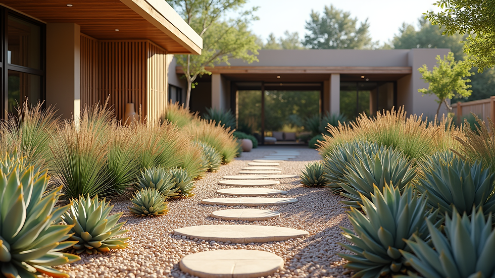 Wide angle view of a drought-tolerant garden with succulents and ornamental grasses