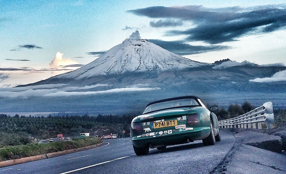 Pub2Pub Expedition TVR Chimaera, passing Ecuadors Cotopaxi Volcano.