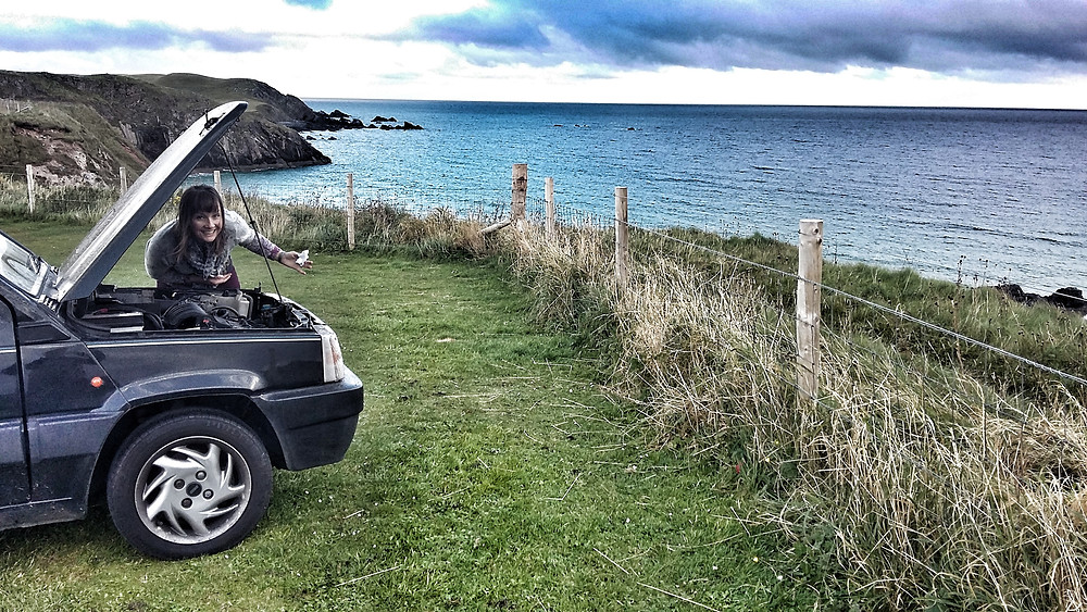 Classic Fiat Panda 998cc bonnet open at Durness