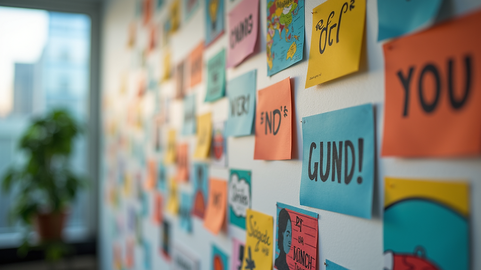 Close-up of a vision board with colourful images and motivational words