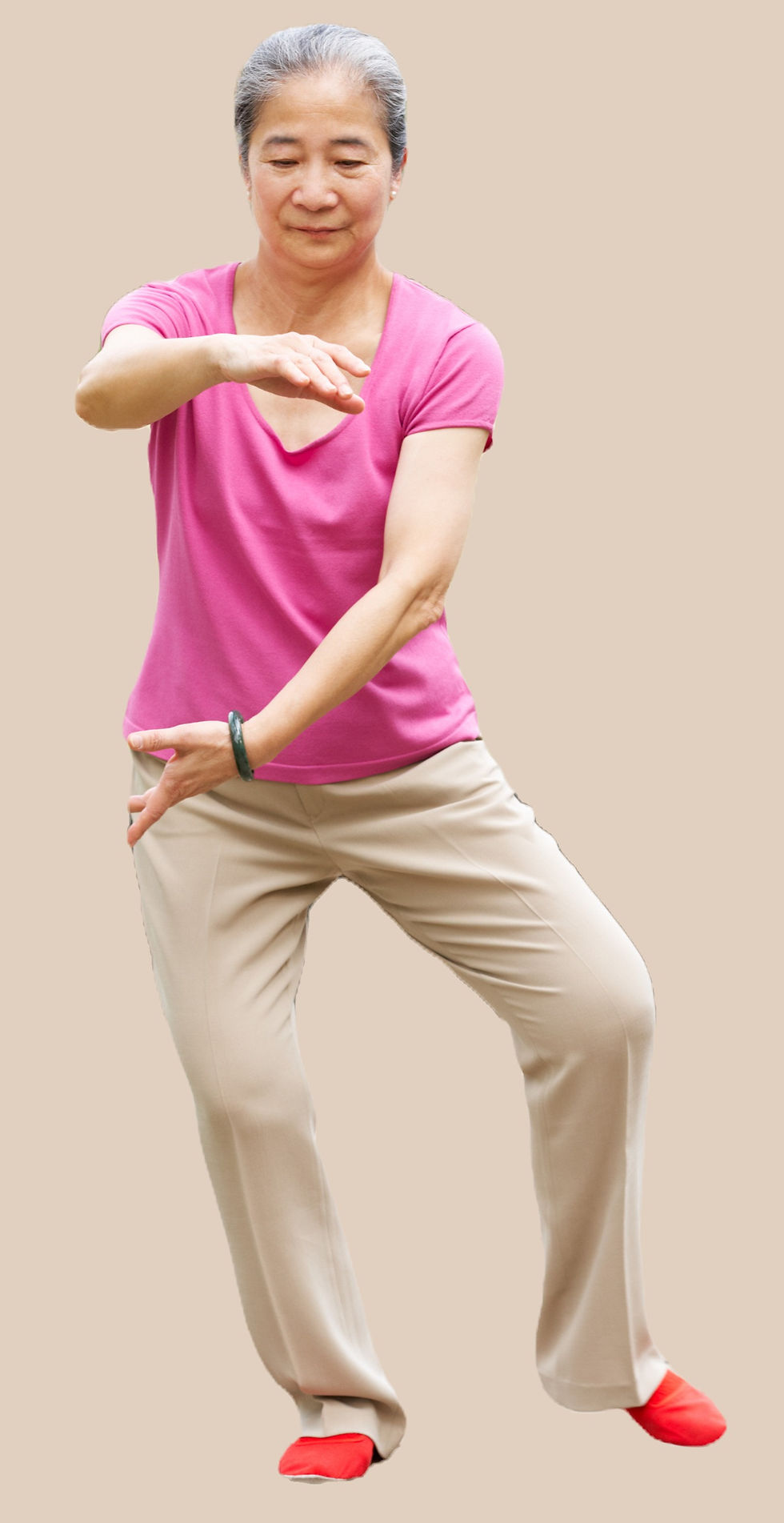 A lady practicing tai chi, probably part the horse's mane, maybe grasp the bird's tail.