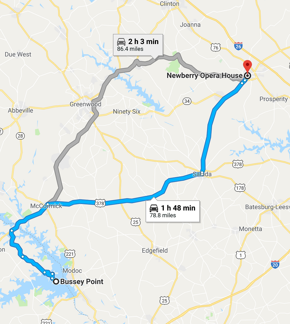 Route from Newberry South Carolina to Bussey Point GA.