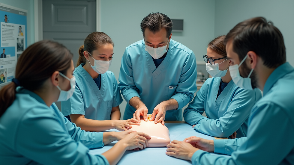 High-angle view of a group practicing ACLS skills together