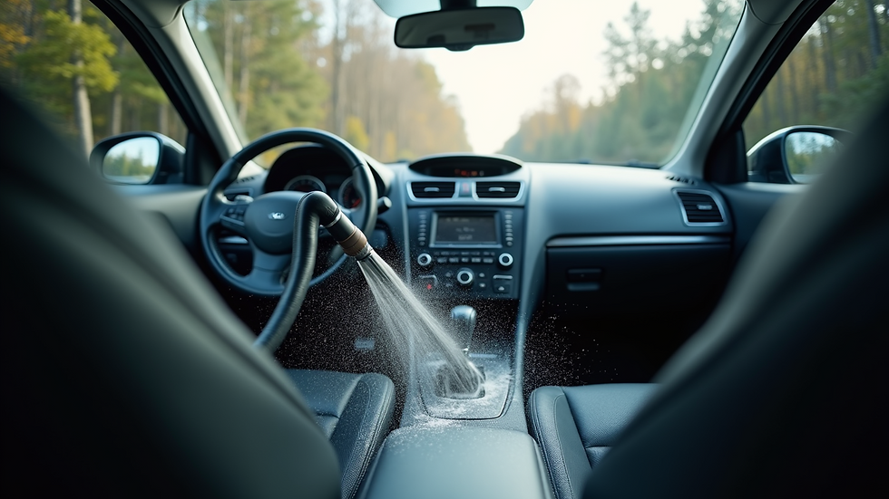 Eye-level view of a clean car interior with vacuuming in progress