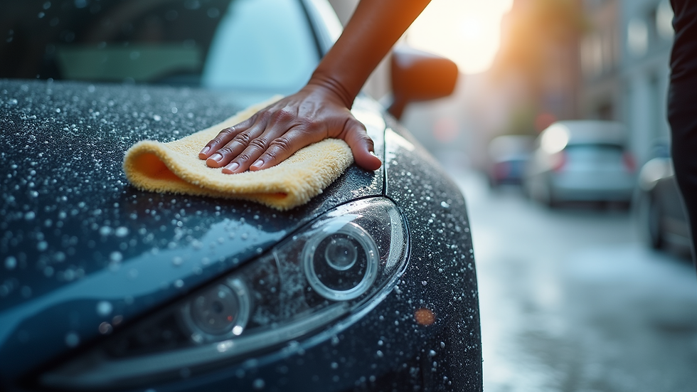 Eye-level view of a clean car being hand-washed with microfiber cloth