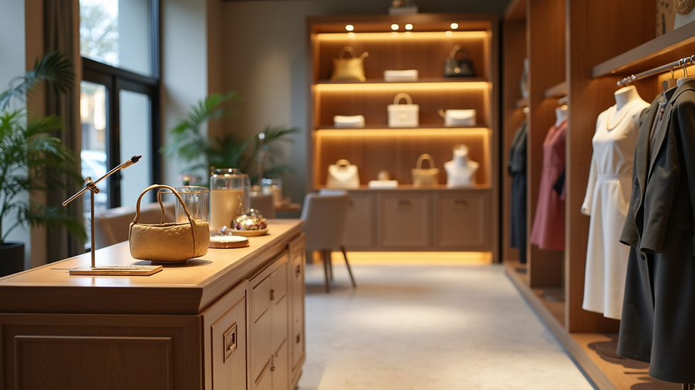 Eye-level view of a luxury boutique interior with elegant displays
