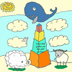 kid draw the whale in the sky , the rat in the flower, the pyramid with the sheep