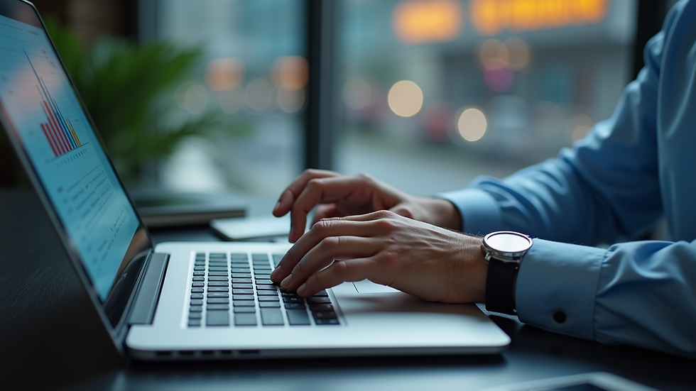Close-up view of a logistics manager analyzing shipment data on a laptop