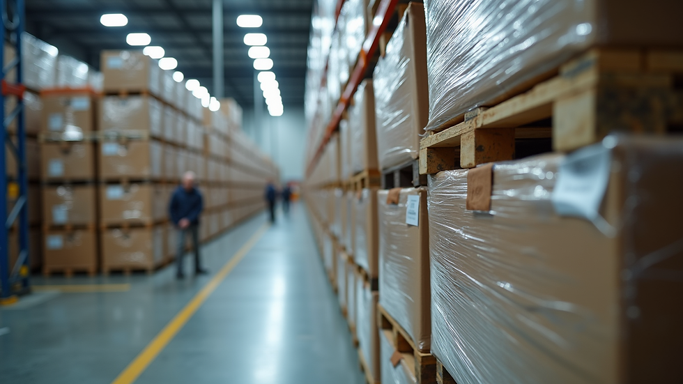 Close-up view of stacked pallets wrapped in plastic in a freight warehouse