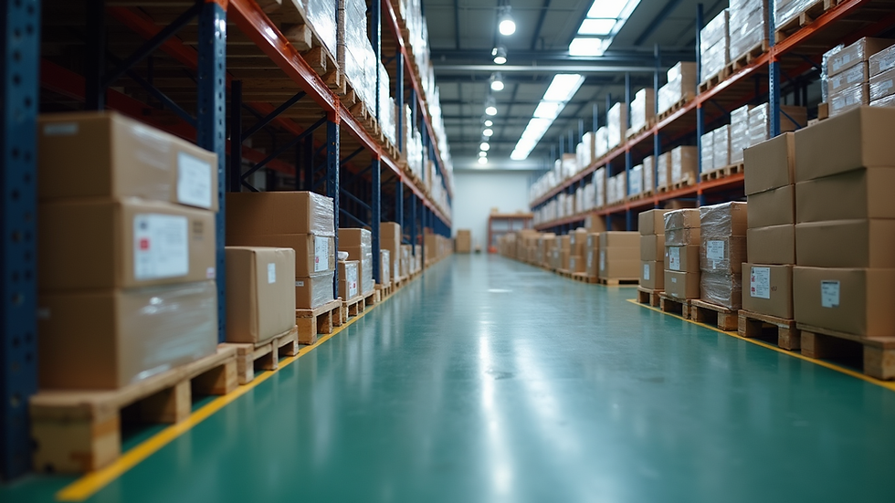 Eye-level view of a warehouse with automated sorting machines