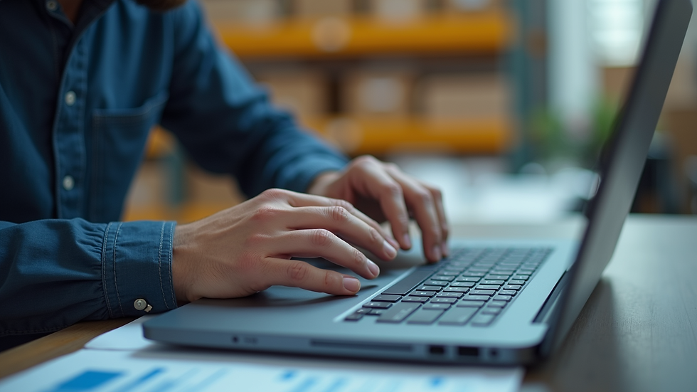 Close-up view of a logistics manager analyzing shipment data on a laptop