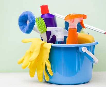 household cleaning supplies - gloves, mop, scrubbers, cleaners