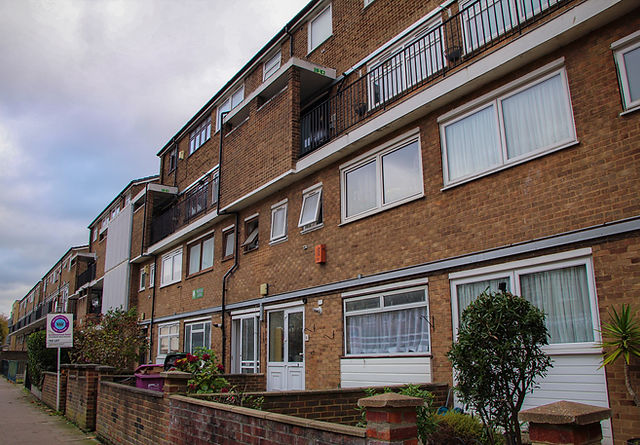 Low-income apartment buildings in East London with everyday residential architecture.