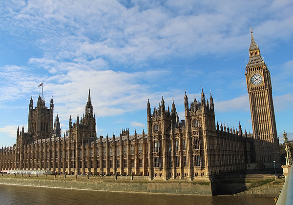 The Houses of Parliament and Big Ben viewed from the River Thames in central London.