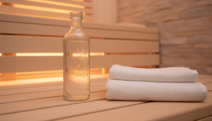 Close-up view of a glass water bottle and folded towel on a wooden sauna bench.