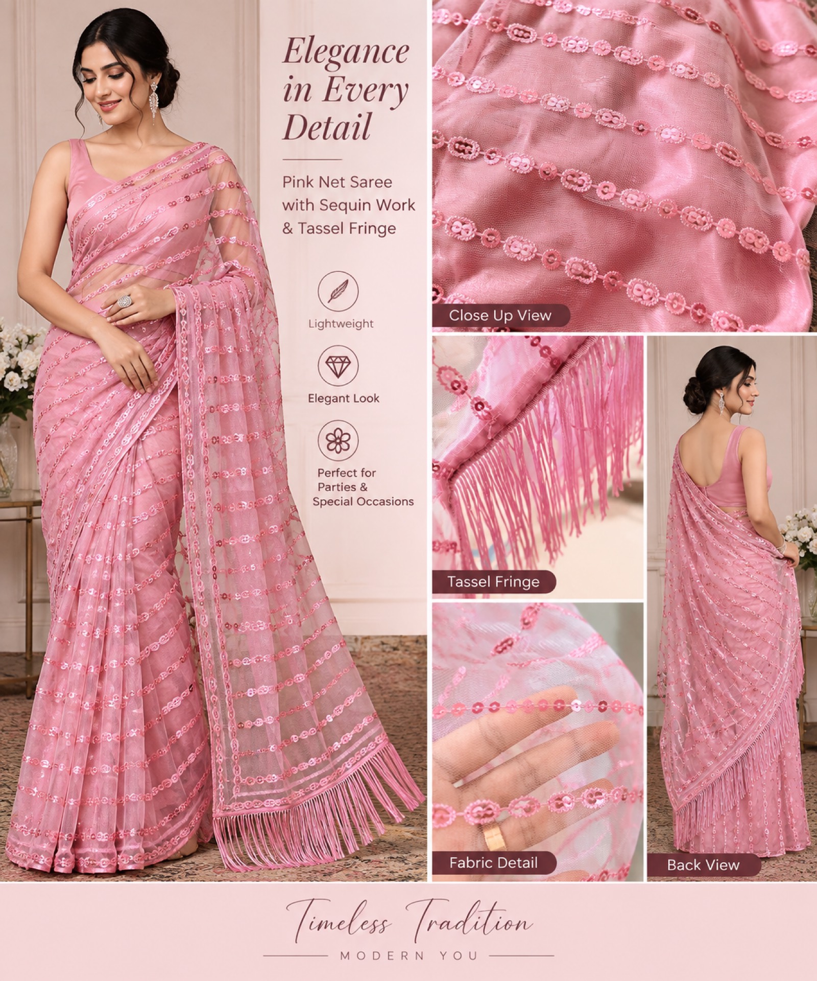 Pink Net Saree with Sequin Work & Tassel Fringe