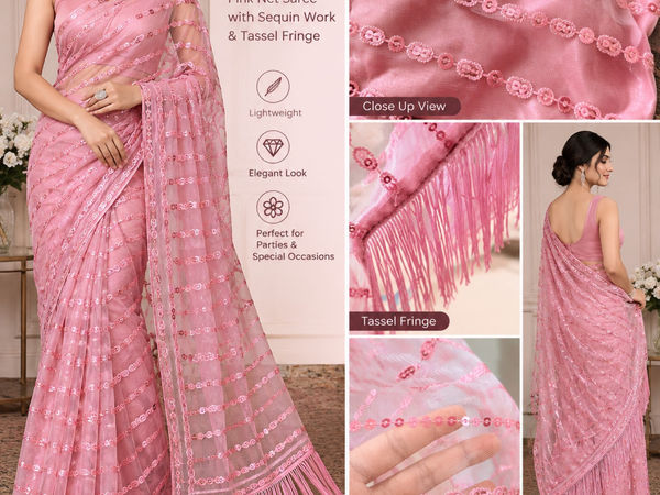 Pink Net Saree with Sequin Work & Tassel Fringe