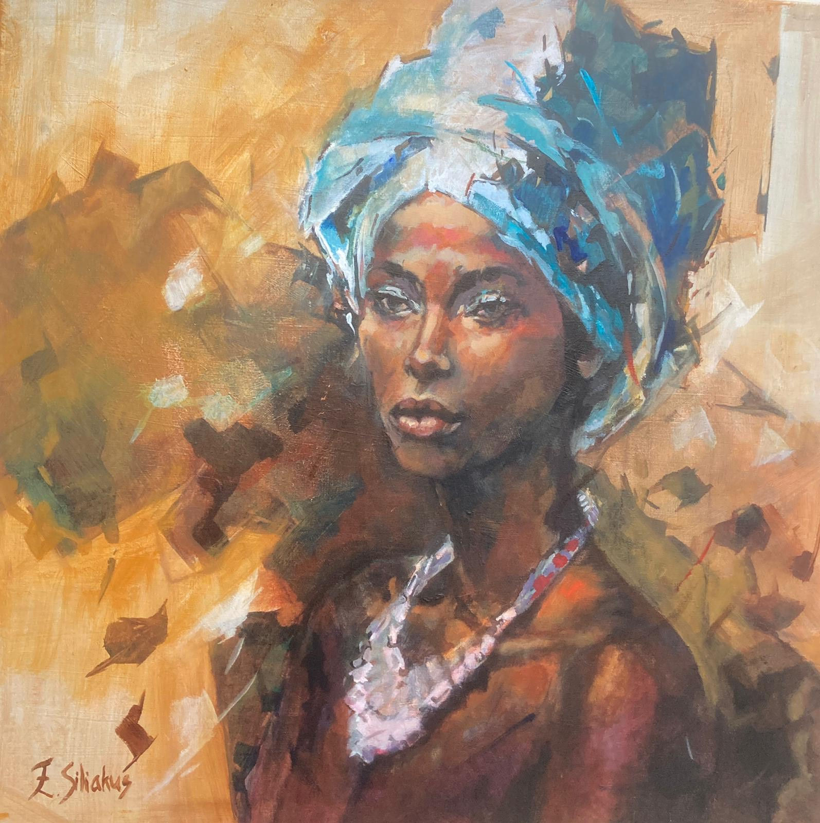 The painting woman with blue headskarf