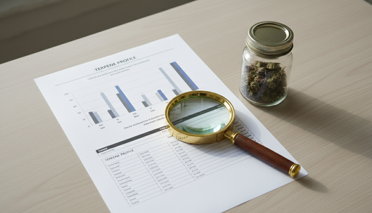 Top-down view of a cannabis product label and terpene test results