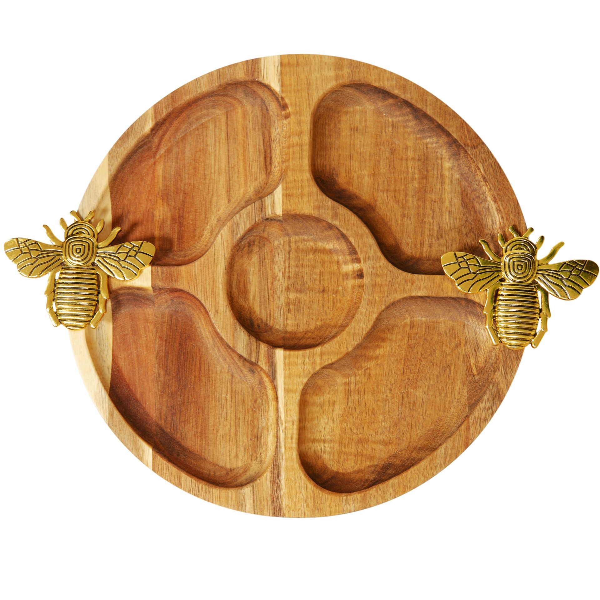 Round Acacia Nibbles Tray Gold Bee 🐝 Design