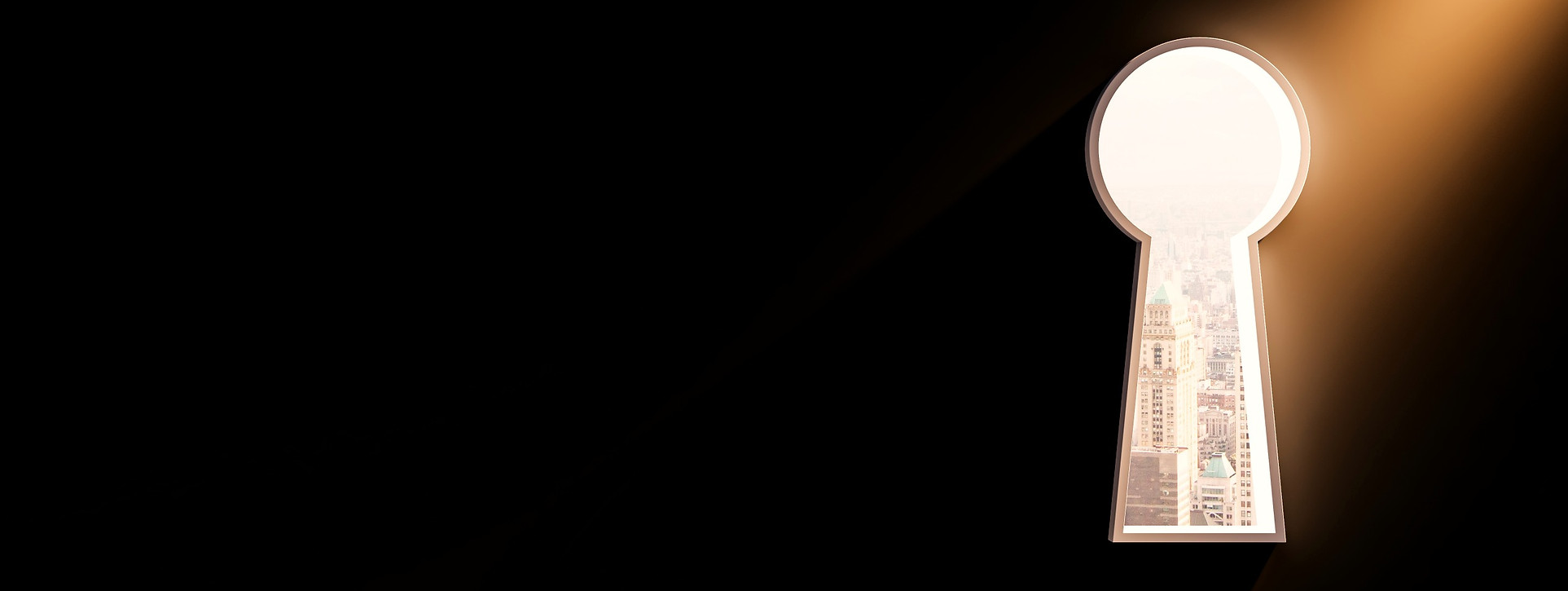 White keyhole opening with city view in wide black concrete wall with mock up place. Futur