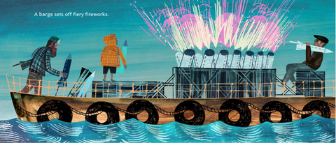 A vibrant interior spread from ‘Boats on the Bay’ showing a barge setting off fiery pink and purple fireworks over the water. The stylized illustration captures a celebratory night on the bay, making it a great visual for teaching children about community events and maritime traditions.