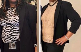 Client before and after confidence and body transformation results from Nancy Leeds Gribble plant-based coaching program for women over 50