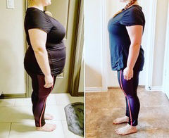 Client before and after side profile body transformation results from Nancy Leeds Gribble plant-based coaching program for women over 50