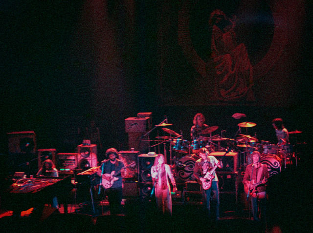 Grateful Dead full band at Orpheum Theatre, San Francisco July 1976 featuring Jerry Garcia, Keith Godchaux, Donna Godchaux, Bill Kreutzmann, Phil Lesh, Bob Weir, and Mickey Hart.