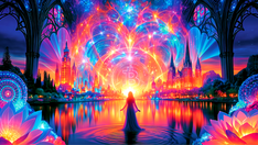 woman in front of Bitcoin radiant scene