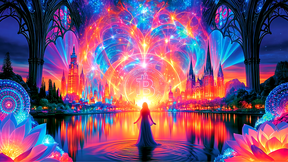 Woman in front of radiant bitcoin scene