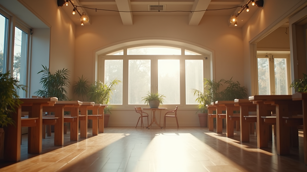 Eye-level view of a community gathering space with supportive resources