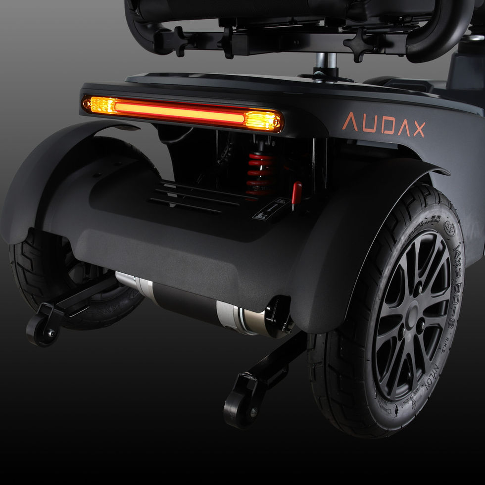 Rear mudguard shot of Excel Audax 8mph mobility scooter in thunder grey