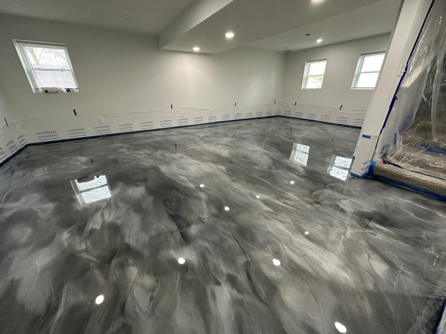 Silver metallic epoxy flooring for concrete available at Rescue Concrete in Springfield, Illinois
