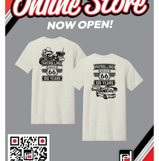 Online Store poster with two Route 66 100 Years T-shirts, NOW OPEN! text, QR code, and PRIMO branding on a gray background.
