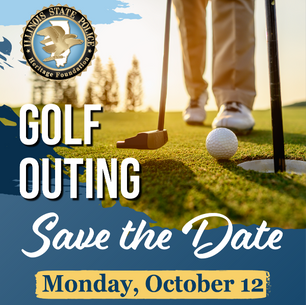 Golf poster with putter and ball on green, Illinois State Police Heritage Foundation logo, Save the Date, Monday, October 12.
