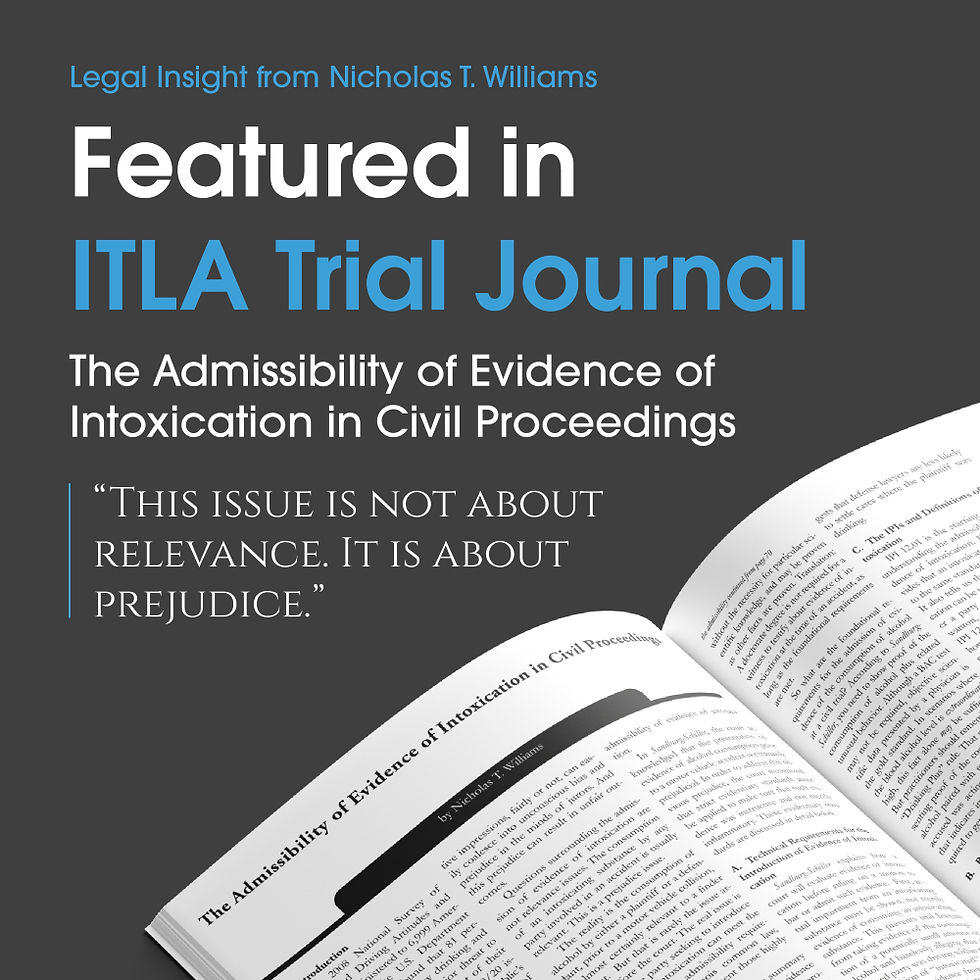 Graphic displaying magazine article from ITLA Trial Journal, featuring writing from Nick Williams, attorney at Shay Law in Springfield, IL and Decatur, IL