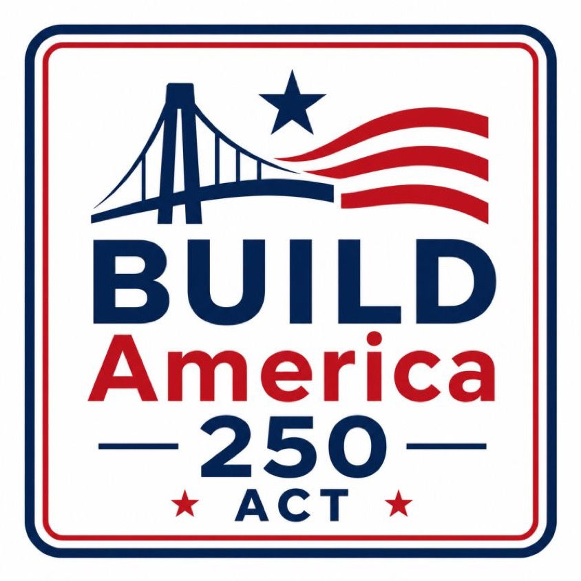 Graphic showing a bridge and American flag symbols, reading Build America 250 Act 