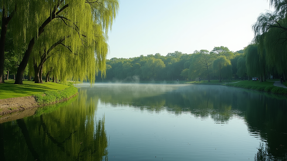 Wide angle view of a peaceful lake in Parque D. Carlos I with lush greenery